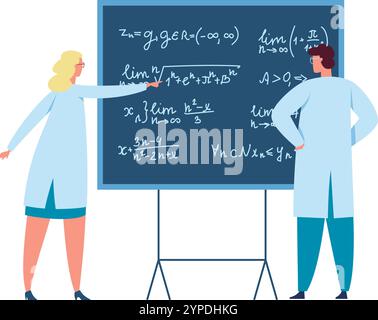 Zwei Wissenschaftler, eine Frau und ein Mann, studieren komplexe mathematische Formeln, die auf einer Tafel geschrieben sind, und beteiligen sich an wissenschaftlichen Diskussionen und Analysen Stock Vektor