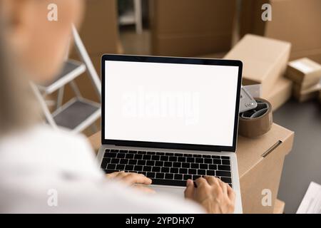 Frau eines kleinen Unternehmens, die einen Laptop mit leerem Bildschirm benutzt Stockfoto