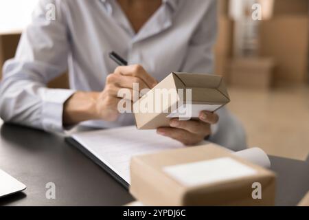 Weibliche Hände der Eigentümerin eines Internetgeschäfts, die logistische Notizen schreibt Stockfoto