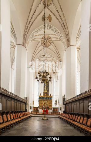 Das Innere der Kathedrale von Aarhus mit ihren gewölbten Decken mit komplizierten Mustern, einem großen Kronleuchter und Reihen von hölzernen Chorbuden, die nach t führen Stockfoto