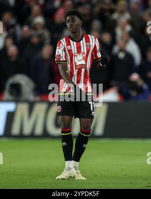 Sheffield, Großbritannien. November 2024. Jesuran Rak-Sakyi von Sheffield United während des Sky Bet Championship Matches Sheffield United gegen Sunderland in der Bramall Lane, Sheffield, Vereinigtes Königreich, 29. November 2024 (Foto: Alfie Cosgrove/News Images) in Sheffield, Vereinigtes Königreich am 29. November 2024. (Foto: Alfie Cosgrove/News Images/SIPA USA) Credit: SIPA USA/Alamy Live News Stockfoto