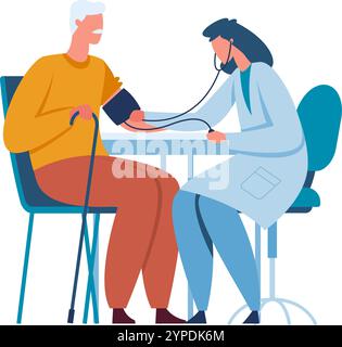 Weibliche Ärztin mit Sphygmomanometer und Stethoskop, Messung des Blutdrucks von älteren männlichen Patienten, die auf Stuhl sitzen und Gehstock halten, während der medizinischen Untersuchung im Krankenhaus oder in der Klinik Stock Vektor