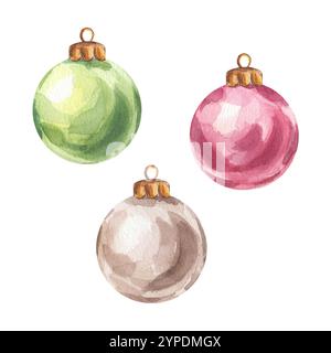 Weihnachtsbaumkugeln, rot-grünes silbernes Spielzeugset. Farbenfrohe Neujahrsdekoration. Handgezeichnete Aquarellillustration isoliert auf weiß Stockfoto