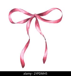 Rote Weihnachtsschleife, langes Seidenband. Dekoratives burgunderfarbenes Accessoire für Mädchenhaare, Geschenkverpackung, valentinstag. Handgezeichnete Aquarellillustration Stockfoto