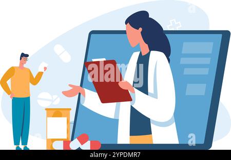 Online-ärztliche Beratung Service, Ärztin erklärt Verordnung durch Videoanruf an Patienten mit medizinischen Aufzeichnungen, Gesundheitswesen und Technologie Konzept Stock Vektor