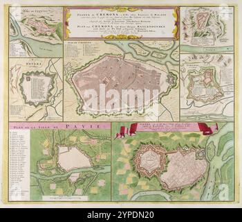 Der Plan von Cremona und den anderen Maya-Dörfern, von denen einige am Po liegen, stammt aus einem genauen Original, das nach Werken von Johann Baptist Homann 1720 veröffentlicht wurde Stockfoto