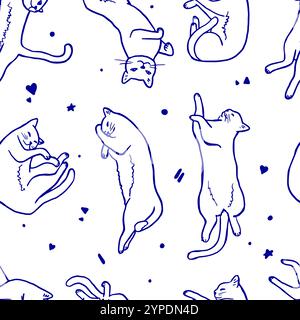 Nahtloses Vektormuster mit Katzen, die in verschiedenen Positionen und Formen skizziert werden. Verschlafene entspannende Katzen im Hintergrund Stock Vektor