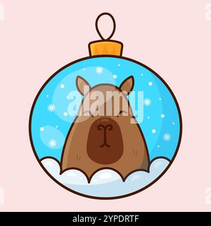 Süße Comic-Capybara in einer Glaskugel. Weihnachtsbaumspielzeug. Vektor-Weihnachtsillustration. Stock Vektor