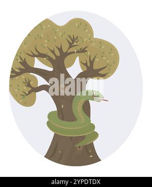 Grüne Schlange und Baum, vektorbunte ovale Illustration Stock Vektor