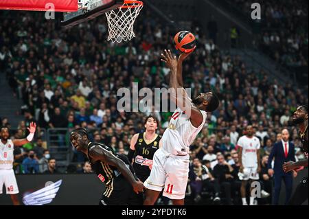 11 Alpha Diallo von AS Monaco spielt während der Euroleague, dem 12. Runde Spiel zwischen Panathinaikos AKTOR Athen und AS Monaco am 29. November 2024 in der OAKA Altion Arena in Athen. Stockfoto