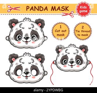 Niedlicher Pandabär Weihnachten Karneval Gesichtsmaske. Chinesisches wildes schwarz-weißes Tierfigurenporträt. Silvesterferien Maskerade. Kinderpapierspiel Stock Vektor