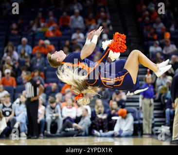 Charlottesville, VA, USA. November 2024. UVA Cheerleader treten während eines NCAA Männer Basketballspiels zwischen den Holy Cross Crusaders und den University of Virginia Cavaliers in der John Paul Jones Arena in Charlottesville, VA, auf. Justin Cooper/CSM/Alamy Live News Stockfoto