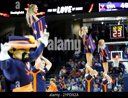 Charlottesville, VA, USA. November 2024. UVA Cheerleader treten während eines NCAA Männer Basketballspiels zwischen den Holy Cross Crusaders und den University of Virginia Cavaliers in der John Paul Jones Arena in Charlottesville, VA, auf. Justin Cooper/CSM/Alamy Live News Stockfoto