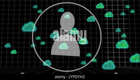 Bild des Personensymbols, Datenverarbeitung und Wolken über dunklem Hintergrund Stockfoto
