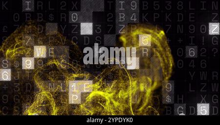 Gelbes Bild der Partikelwellen über alphanumerischem Code Stockfoto