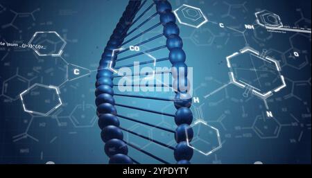 Bild der chemischen Formel und des dna-Strangs auf blauem Hintergrund Stockfoto