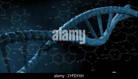 Bild der chemischen Formel und des dna-Strangs auf schwarzem Hintergrund Stockfoto