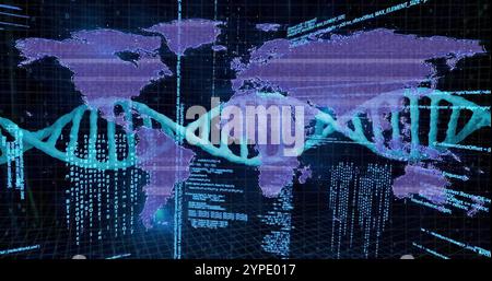 DNA-Stränge und binäre Codierungsbilder auf der Weltkarte Stockfoto