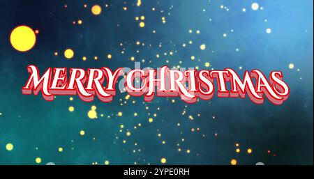 Bild von fröhlichem weihnachtstext über hellen Punkten auf blauem Hintergrund Stockfoto