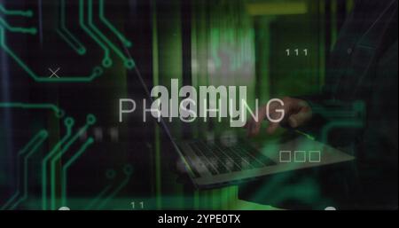 Bild von Phishing-Text über Datenverarbeitung und kaukasischer männlicher Arbeiter im Serverraum Stockfoto