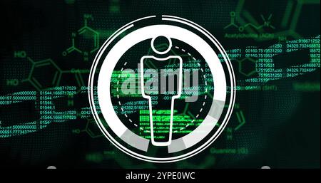 Bild des menschlichen Symbols und der chemischen Formel über Datenverarbeitung und Kette auf schwarzem Hintergrund Stockfoto