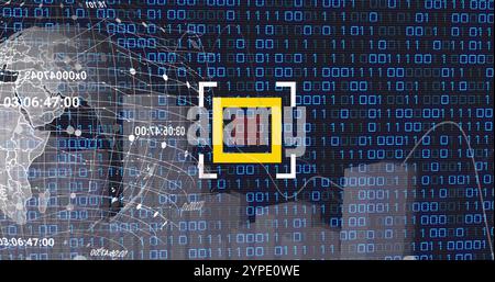 Bild von Globus und Scanner über Datenverarbeitung und Binärcodierung auf schwarzem Hintergrund Stockfoto