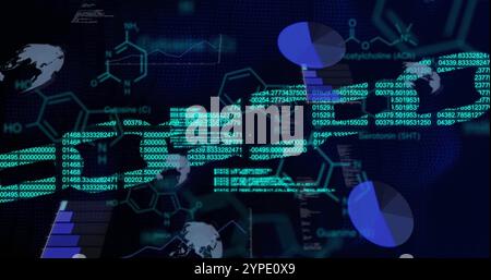 Bild der Kette und chemischen Formel über Datenverarbeitung und Binärcodierung auf schwarzem Hintergrund Stockfoto