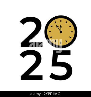 Neujahrs-Typografie-Poster 2025 mit Uhr. Vektorvorlage für Banner, Schild, Grußkarte, Hemddesign usw. Stock Vektor