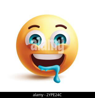 Sabberndes Emoji 3D Clipart-Zeichen. Emoji-Charakter in sehnsüchtigem Gesicht, hungrig, durstig, gierig, glücklich, offener Mund und aufgeregter Gesichtsausdruck. Vektor Stock Vektor