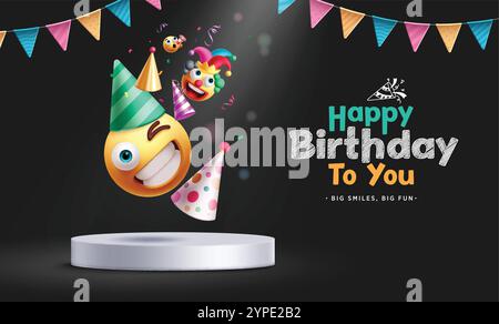 Emojis Geburtstagsklipart-Design. Happy Birthday Emoji Charaktere auf der Podiumbühne mit Grußtext für Partyfeier Hintergrund. Vektor Stock Vektor