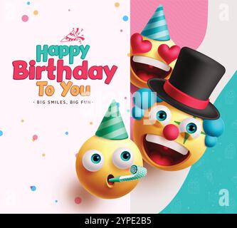 Happy Birthday Emojis Clipart Design. Emoji-Geburtstagsklown-Charaktere mit Grußwunschtext für Einladungskarte Hintergrund. Vektorabbildung Stock Vektor