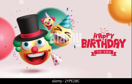 Happy Birthday Emojis Clipart Design. Emoji Clown Charakter Geburtstag Grußtext und Wünsche für Party Einladung Karte Hintergrund. Vektor Stock Vektor