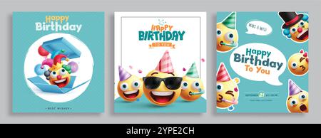 Emojis Geburtstagsgruß Clipart-Poster-Set. Happy Birthday Emoji Charaktere für Gruß, Wünsche und Einladungskarten Sammlung Hintergrund. Vektor Stock Vektor