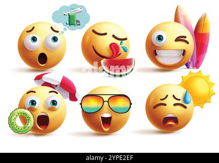 Sommer-Emoji-Clipart-Zeichensatz. Emojis 3D Charakter Sommerkollektion mit denkendem Flugzeug, Wassermelone essen, Surfen, Schwimmen, Sonnenbrille Stock Vektor