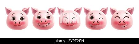 Pig Emoji Clipart Zeichensatz. Emojis 3D Ferkelkollektion in süßem Lächeln, fröhlich, lustig und genießen mit rosafarbenen Wangen Grafikelementen. Vektor Stock Vektor