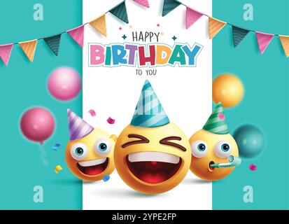 Geburtstagsemoji Clipart-Design. Happy Birthday-Emoji-Charaktere mit Grußtext, Wimpeln und Ballons-Dekorationselementen. Vektorabbildung Stock Vektor