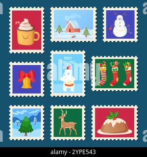 Es gibt bunte Briefmarken mit Weihnachtsmotiven mit festlichen Illustrationen wie Schneemann, Rentier, Geschenkstrümpfe, Winterhaus, Weihnachtspudding Stock Vektor