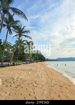 Besucher schlendern entlang der Sandküste von Bangsaray Thailand und genießen die sanfte Brise und die pulsierenden Palmen. Die idyllische Landschaft lädt zum Entspannen und Erkunden unter dem goldenen Himmel ein. Stockfoto