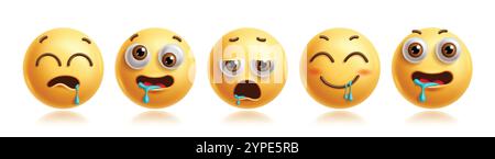 Clipart-Zeichensatz für herabhängende Emojis. Emoji 3d Charakter in Hunger, Verlangen, offenem Mund Speichel, Durst, Begehren, aufgeregt und grinsend Stock Vektor