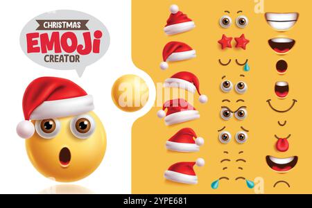 Emojis christmas Creation Kit Clipart Set. Weihnachtsemoji weihnachtsmann-Charakter mit überraschendem Gesicht, Augen, Mund und weihnachtsmann-Hut-Kollektion Stock Vektor