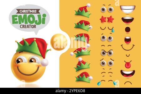 Emojis Elf Creation Kit Clipart Set. Weihnachts-Emoji-Elfenfigur mit lächelndem Gesicht, Augen, Mund und Hutkollektion für Gesichtsausdruck Stock Vektor