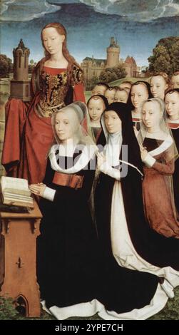 Triptychon der Familie Moreel (Mitteltafel) 1484 - rechte Platte mit Barbara Moreel, Töchter, und Sankt Barbara Öl auf Holz, 141 x 174 cm Groeninge Museum, Brügge MEMLING, Hans (*ca. 1440, Seligenstadt, d. 1494, Brügge) Stockfoto