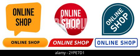 Online-Shop Einkauf Kauf Verkauf Lieferung E-Commerce Verkauf Einkauf Website Internet digitaler Marktplatz Stempel Bunte Abzeichen Aufkleber Label Banner Stock Vektor