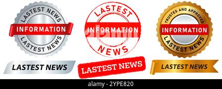 Neueste Nachrichten Informationen neue Zeitschrift Headline Medien Updates Journalismus neueste Nachricht Stempel Bunte Abzeichen Metallic Band Emblem Aufkleber Aufkleber Stock Vektor