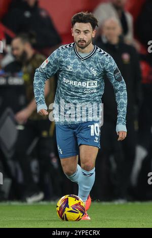 Sheffield, Großbritannien. November 2024 30. Patrick Roberts von Sunderland während des Sky Bet Championship Matches Sheffield United vs Sunderland in der Bramall Lane, Sheffield, Vereinigtes Königreich, 29. November 2024 (Foto: Alfie Cosgrove/News Images) in Sheffield, Vereinigtes Königreich am 30.2024. (Foto: Alfie Cosgrove/News Images/SIPA USA) Credit: SIPA USA/Alamy Live News Stockfoto