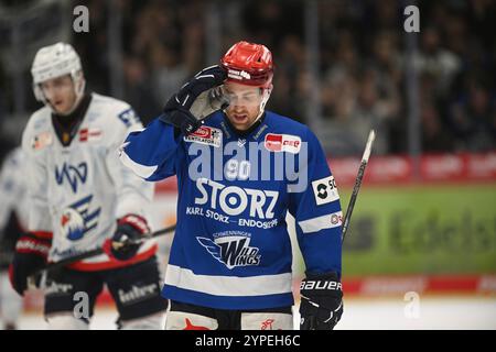 Schwenningen, Deutschland. November 2024. Tylor Spink (Schwenninger Wild Wings #90) Schwenninger Wild Wings gegen Adler Mannheim, Eishockey, DEL, Spieltag 21, Saison 2024/2025, 29.11.2024 Foto: Eibner-Pressefoto/Sven Laegler Credit: dpa/Alamy Live News Stockfoto