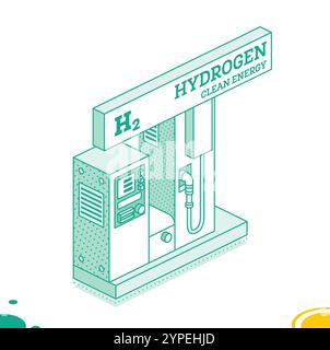 Wasserstofftankstelle h2. Konzept der isometrischen Umrisse. Vektorabbildung. Objekt auf weißem Hintergrund isoliert. Saubere ökologische Energie. Stock Vektor