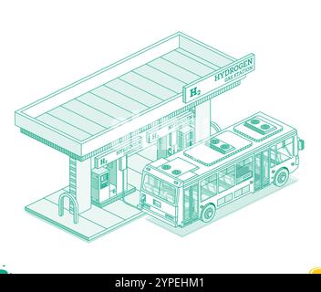 Bus in der Nähe der Wasserstofftankstelle h2. Konzept der isometrischen Umrisse. Vektorabbildung. Objekt auf weißem Hintergrund isoliert. Saubere ökologische Energie. Stock Vektor