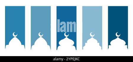 Islamische Moscheformen. Muslimische Türen, Tore und Fenster. Ramadan kareem Rahmen. Set aus blauen arabischen Rändern. Vektorillustration isoliert auf weiß Stock Vektor