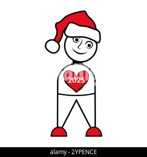 Niedlicher Charakter in Santa Claus Hut mit Herz 2025. Stock Vektor